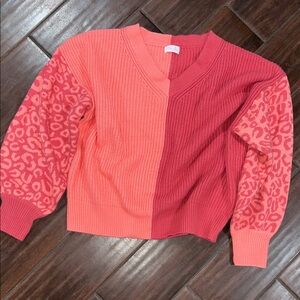Pink Lily Two-Tone V-Neck Sweater with Leopard Sleeves